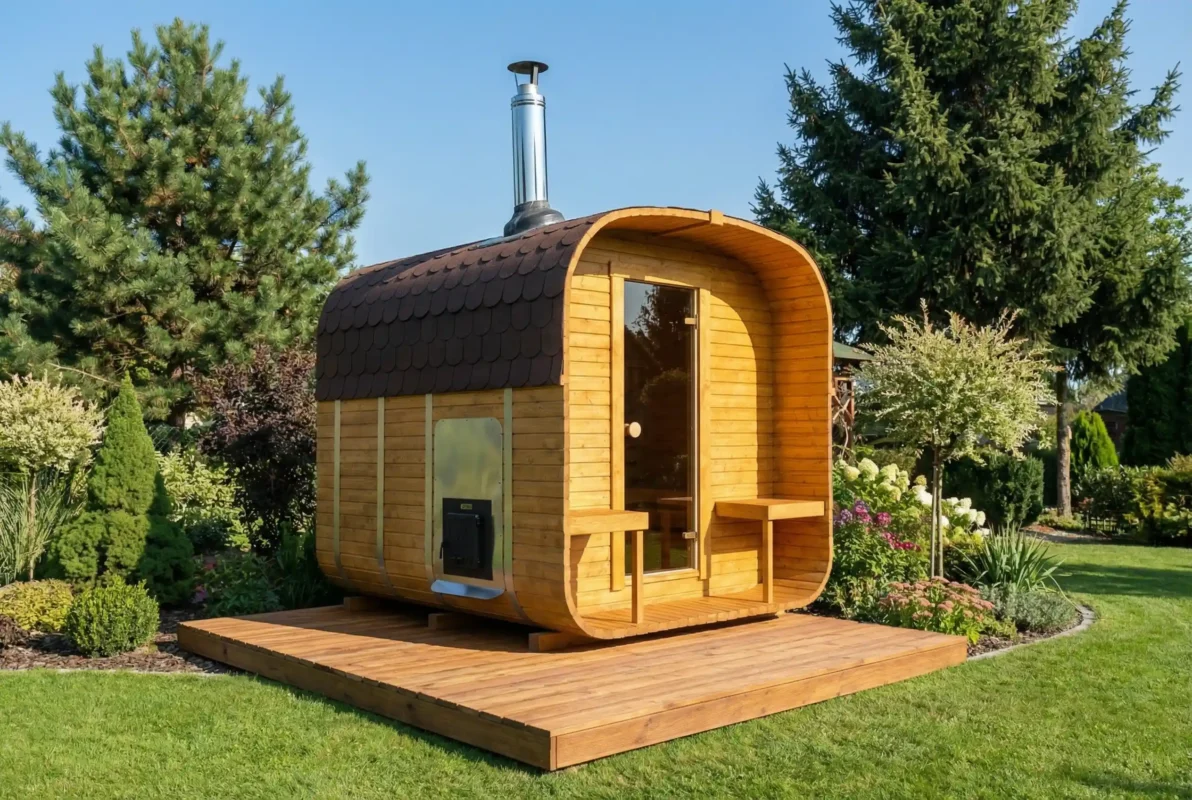 Quadro Sauna aus Holz im Garten mit moderner Bauweise und Panoramafenster
