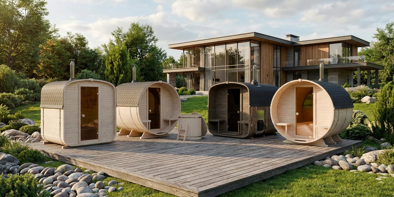 Fasssauna-Modelle im Außenbereich, Übersicht verschiedener Ausführungen