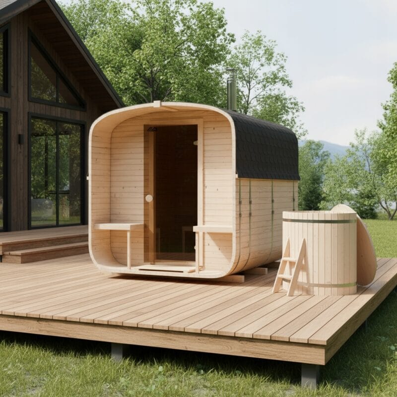 Quadro Sauna aus Holz im Garten mit moderner Bauweise und Terrasse