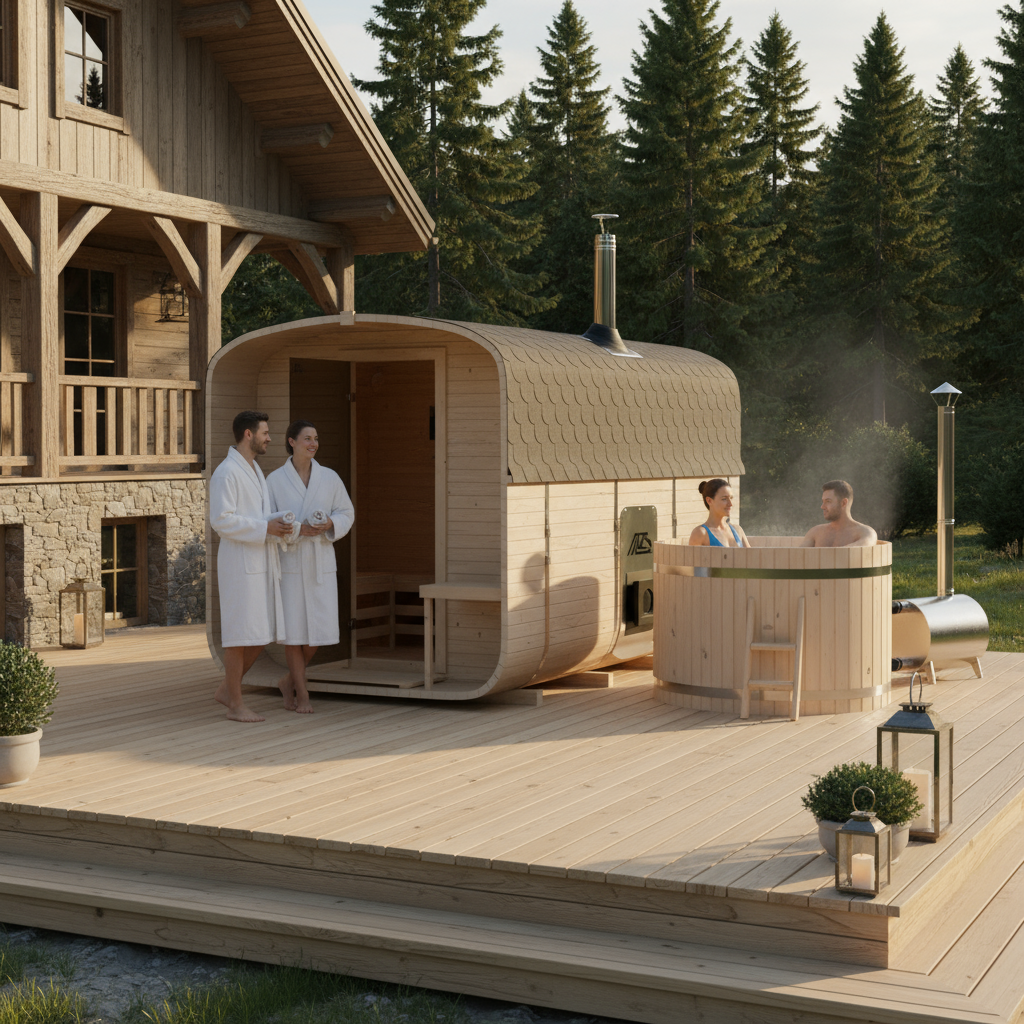 Fasssauna mit Badezuber auf Holzterrasse im Außenbereich