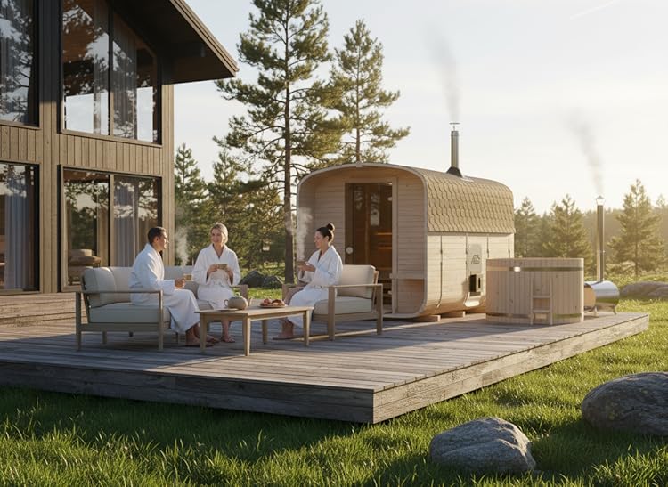 Hot Tub im Garten auf Holzterrasse, Badezuber für den Außenbereich