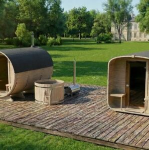 Kompakte Fasssaunen im Garten, verschiedene Größen und Ausführungen