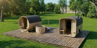 Kompakte Fasssaunen im Garten, verschiedene Größen und Ausführungen