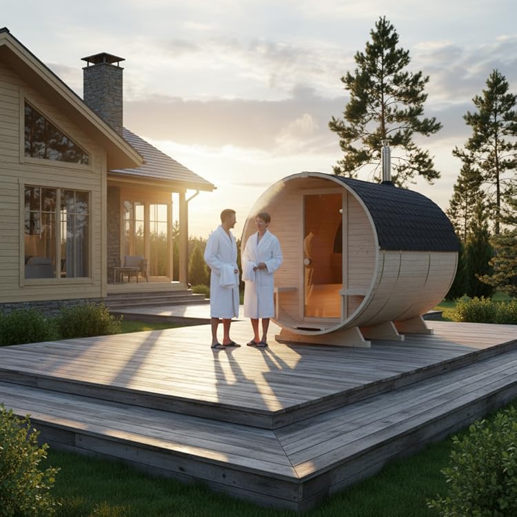 Barrel Sauna im Garten auf Holzplattform
