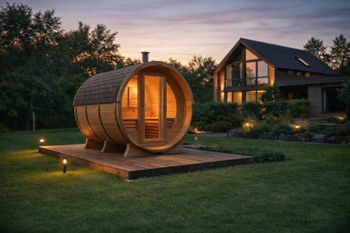 Fasssauna aus Holz im Garten kaufen – moderne Gartensauna Deutschland